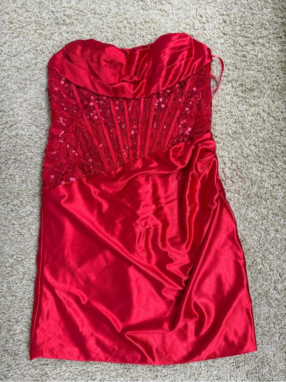 Strapless Fitted Dress with Lace Corset Bodice Ruched Skirt